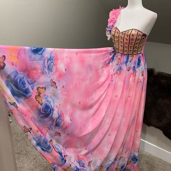 New One-Shoulder Floral Print Chiffon Gown With Beads - Picture 10 of 15